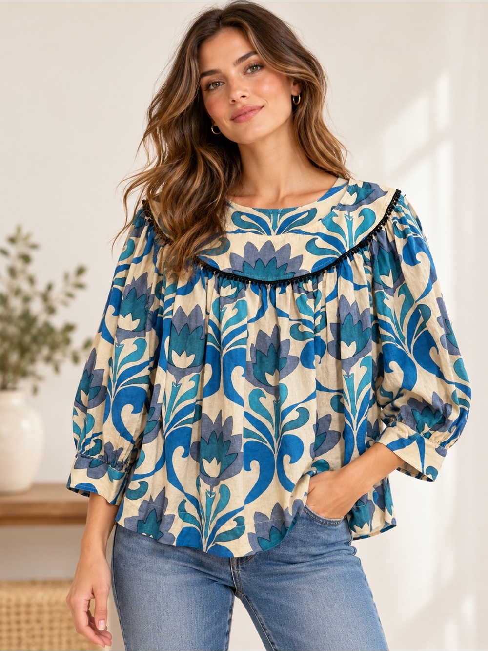 Smythe Blue and Cream Floral Yoke Blouse